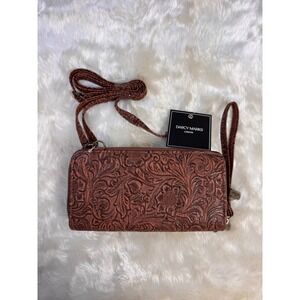 Darcy Marks London Brown Vegan Tooled Floral Crossbody Western‎ Wristlet Wallet